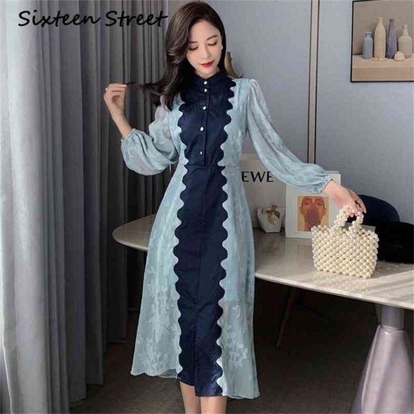 

woman dress spring blue patchwork long lantern sleeve chic vintage dress female single-breasted vestidos 210603, Black;gray
