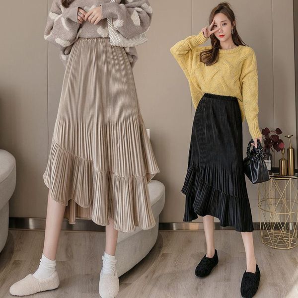 

skirts womens gold velvet elastic high waist skirt spring irregular pleated fashion long cake femme jupe r019, Black