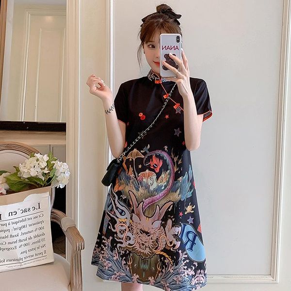 

ethnic clothing qipao chinese style vintage black dragon printing short sleeve loose soft cheongsam summer ladies fashion streetwear plus si, Red