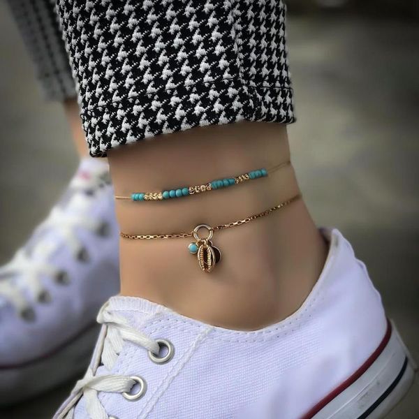 

anklets alloy shell pendant for women blue beaded ankle chain gold color 2021 summer fashion beach foot jewelry girls gift, Red;blue