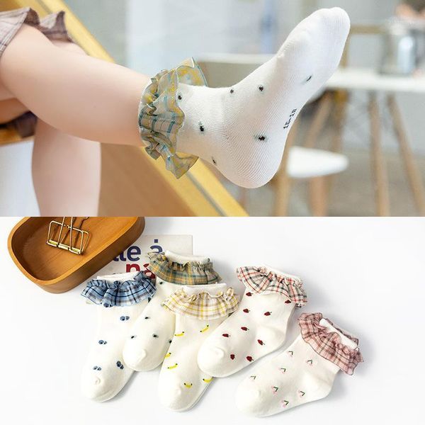 

socks 5 pcs/lot spring autumn infant baby cotton children lace princess for girls sweet plaid born, Pink;yellow