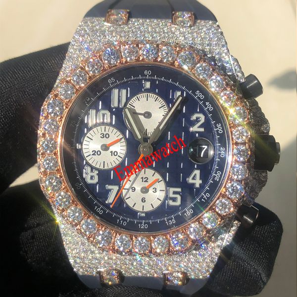 

2021 moissanite diamonds watch blue dial eta movement mechanical rose gold mixed silver men luxury full iced out watches with box and papers, Slivery;brown