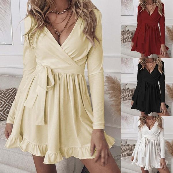 

casual dresses women dress long sleeve v-neck ruffle a-line solid color soft for daily wear, Black;gray