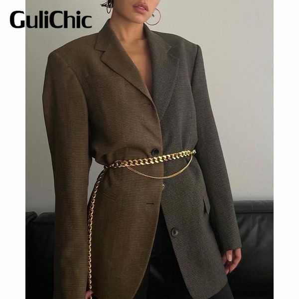 

women's suits & blazers 7.14 high end quality contrast color single breasted gold chain long sleeve wool blazer women, White;black