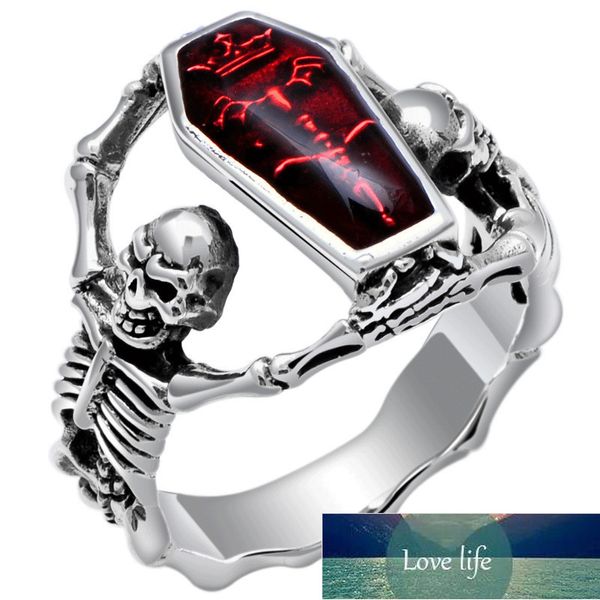 

vintage silver color vampire bat skull mens ring gothic punk skeleton holding red enamel coffin rings for women hip hop jewelry factory pric