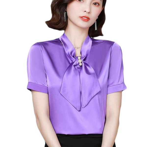 

women's blouses & shirts fashion bow tie chiffon blouse women summer short sleeve shirt korean plus size camisas mujer, White