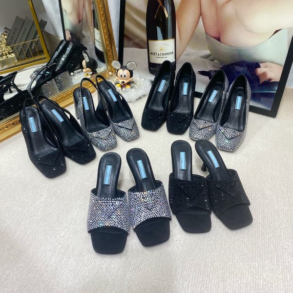 

2022 women diamond face high heel dress shoes fashion imitation crystal decoration satin loafers sandals luxury brand ladies office party we, Black