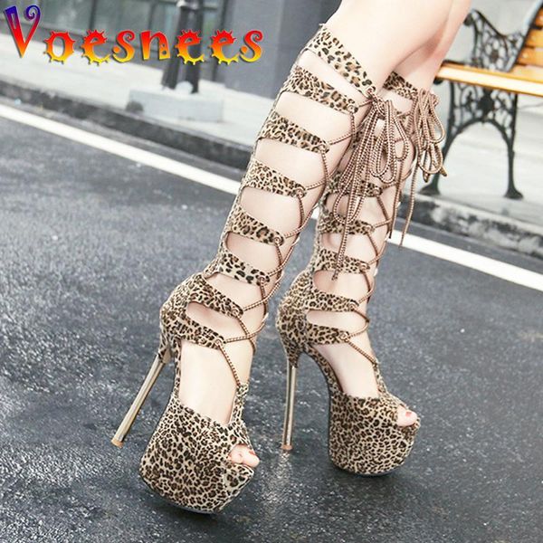 

boots women's shoes leopard print cool boot thin heel super high heels platform female over-the-knee lace-up rome modern, Black