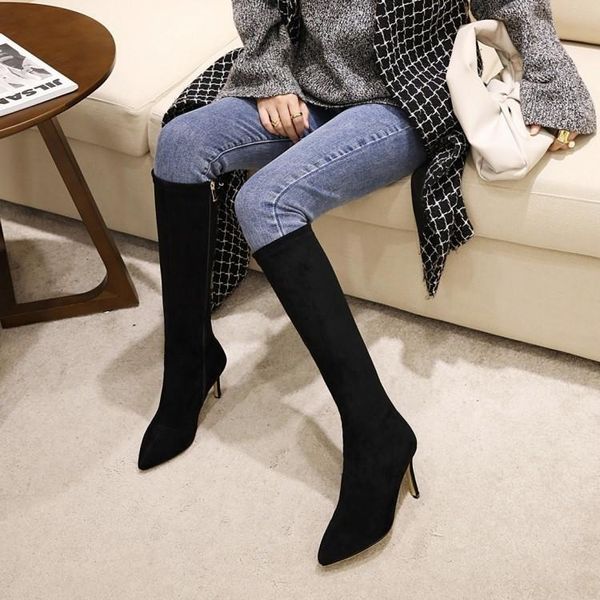 

boots black elastic high women's knee length thin heel socks 2021 slim