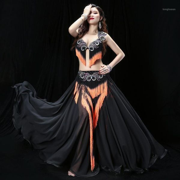 

stage wear belly dance performance costume suit bra & tassel belt long skirt outfit night club bollywood carnival, Black;red