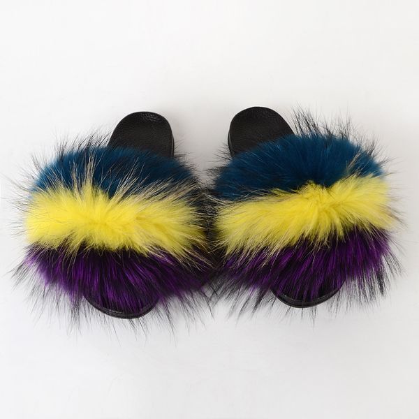 

china manufacture fur slides women raccoon fur slippers non slip fur slides, Black