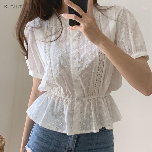 

women's blouses & shirts shirt female summer sweet round neck close waist show thin jacquard bubble sleeve minority short fairy model w, White