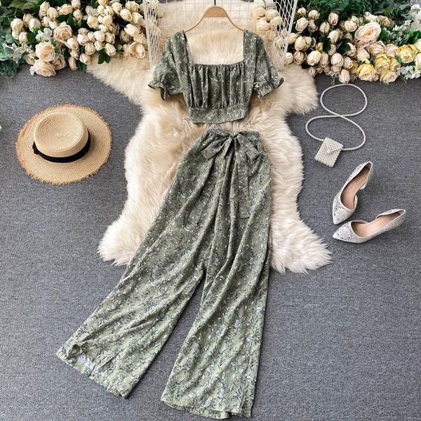 

autumn bohemian floral printed two piece set boho chic square collar short sleeve + high waist wide leg pants fashion suit women's tra, Gray