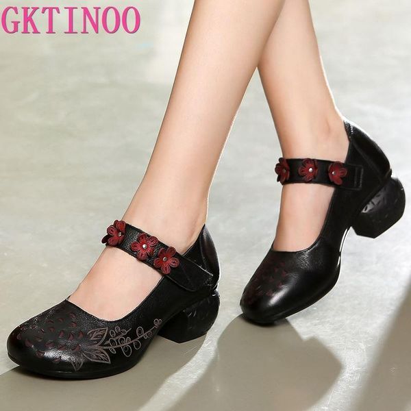 

dress shoes gktinoo 2021 spring flower genuine cow leather women elegant fashion woman retro handmade high heels, Black