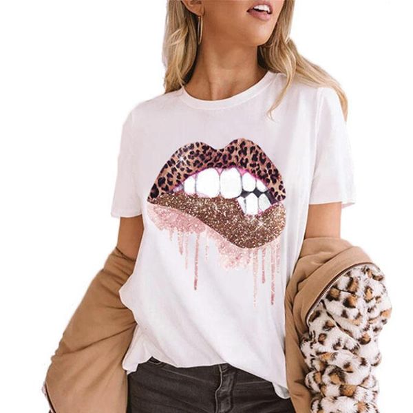 

women's t-shirt casual lips print women 2021 summer short sleeve t shirts sweatshirt elegant female o neck pullover tees plus size, White