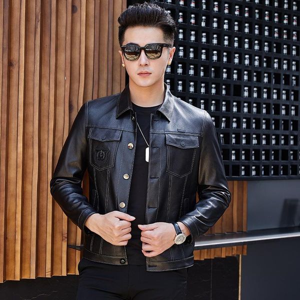 

men's leather & faux genuine jacket men motorcycle sheepskin coat short slim streetwear veste cuir homme sy1216f yy626, Black