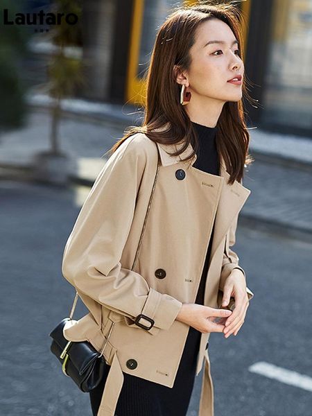 

lautaro regular khaki trench coat for women 2021 raglan sleeve belt double breasted plus size fall fashion 4xl 5xl women's coats, Tan;black