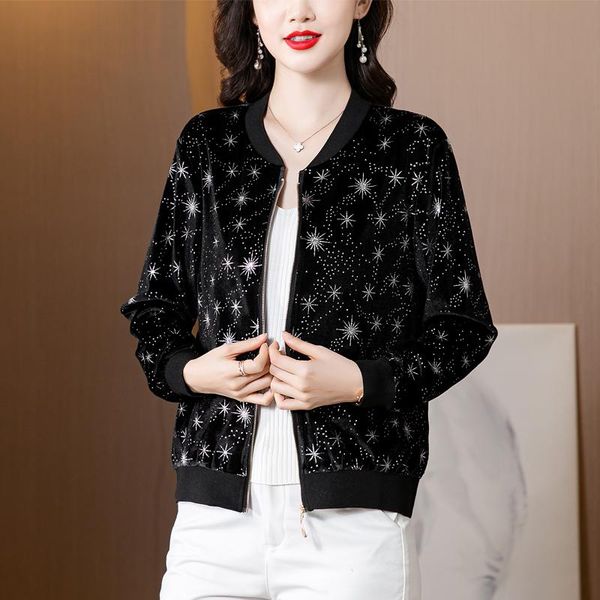 

women's jackets casual velvet coats fashion autumn stand neck swan print loose baseball elegant long sleeve zipper black outwe, Black;brown