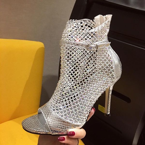 

fashion black summer women sandals peep toe high heels 12cm ankle strap net surface hollow out female