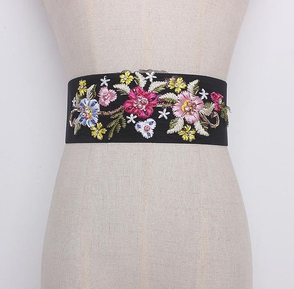 

belts women's runway fashion flower beaded elastic black cummerbunds female dress corsets waistband decoration wide belt tb1540, Black;brown