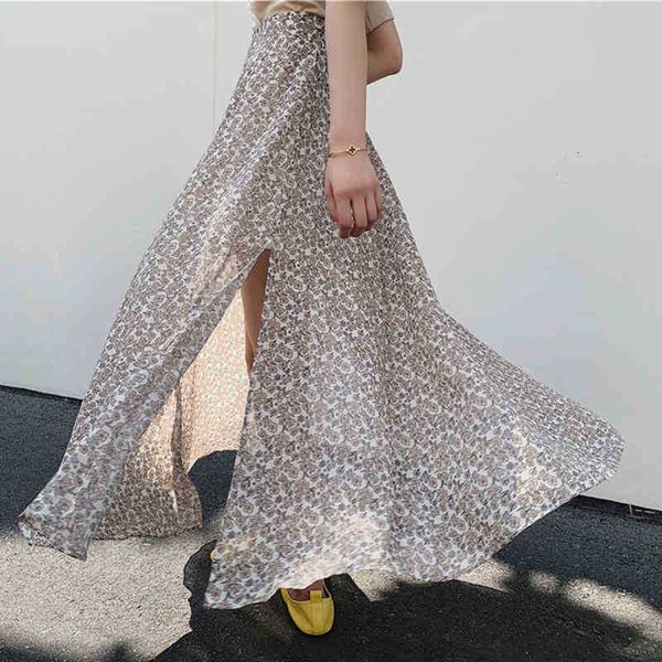 

skirts skirts summer high waist side split floral print for women spring vintage chiffon female a-line with lining zyxy, Black
