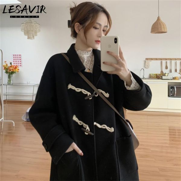 

women's wool & blends women preppy style horn button bat sleeved oversized temperament solid coats all-match thickening black