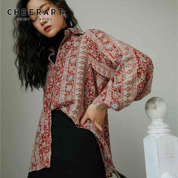 

vintage floral shirts women red long sleeve button up shirt ladies lantern blouse korean clothes 210427, White