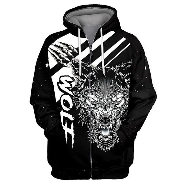 

men's hoodies & sweatshirts graffiti stitching wolf print casual zipper hoodie, Black