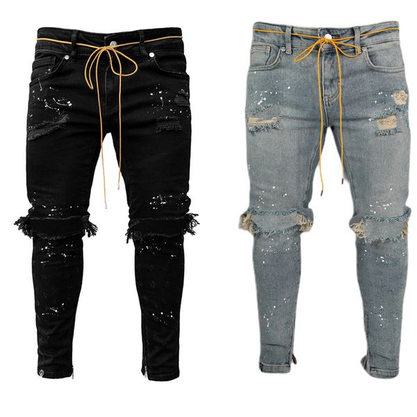 

2020 gothic long men casual slim fit jeans ripped skinny distressed holes denim pants destroyed men jeans streetwear, Blue