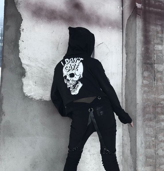 

hoodies t shirt 92242 street fake two piece stitched screen printed hoodie girl bf navel skull locomotive, Black