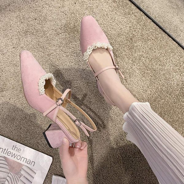 

sandals summer style pearl pure color simple square heel high ladies fashion all-match buckle elegant 6 cm single shoes, Black