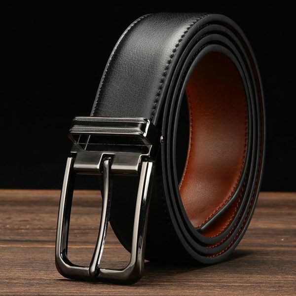 

belts cowhide genuine leather men pin buckle jeans waistband male black brown two sides color belt ceinture homme