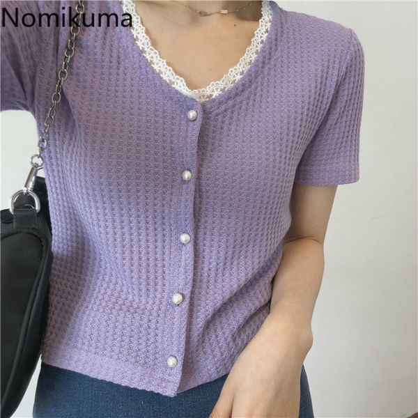 

nomikuma v neck short sleeve shirts lace patchwork single breasted elegant blouse women fashion blusas mujer 3b930 210514, White