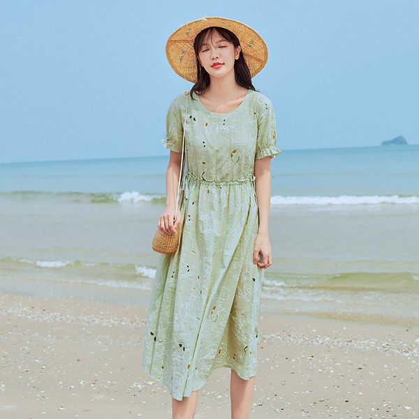 

dress summer cute print nipped waist sweet literary pure and fresh short sleeve dress ustq, Black;gray