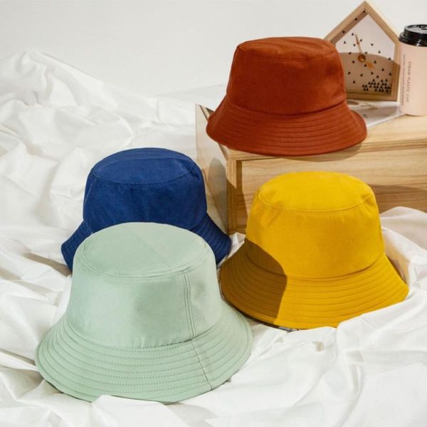 

korean kids summer foldable bucket hat solid color hip hop wide brim beach uv protection round sunscreen cap caps & hats, Yellow