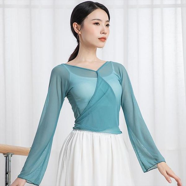 

stage wear ly fashionable women latin dance costumes translucent v-neck gauzy blouse bell-bottomed sleeve practice top, Black;red