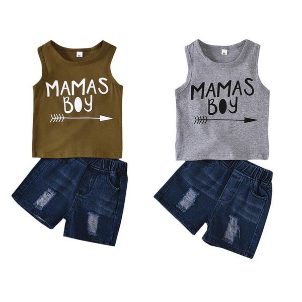 Conjuntos de roupas 2-7y verão casual infantil crianças bebê meninos roupas 2 pcs carta impressão mangas t-shirts tops + denim shorts menino
