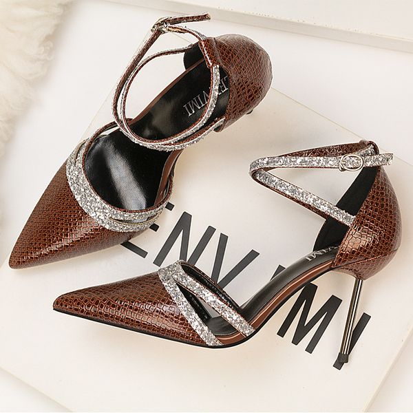 

fashion thin heel high heel shallow mouth pointed shining cross band night club slim hollow sandals, Black