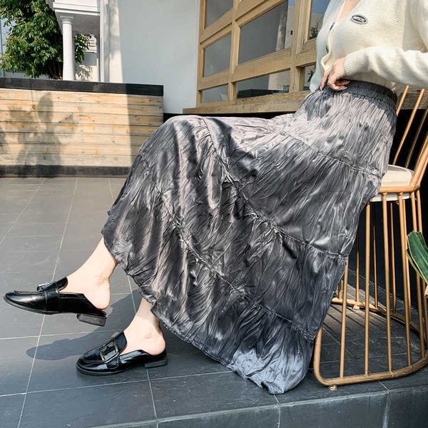 

skirts pleuche autumn winter midi long womens wrinkle maxi skirt goth elastic high waisted a-line veet pleated rok 4yyd, Black