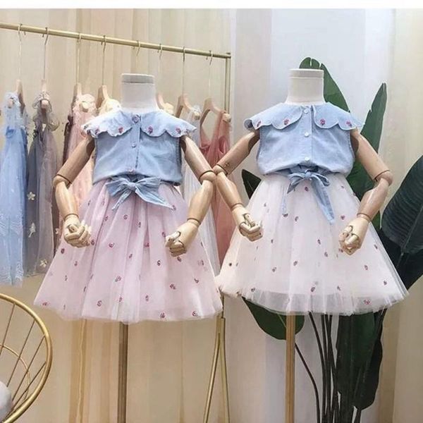 

sweet summer girls princess clothes set sleeveless jeans t-shirt+flower mesh tutu skirt 2pcs kids children baby outfits s12214 clothing sets, White
