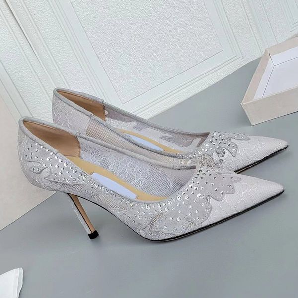 

sandals women's summer banquet dress shoes wedding high heeled pointed toes gauze genuine leather with diamond decoration, Black