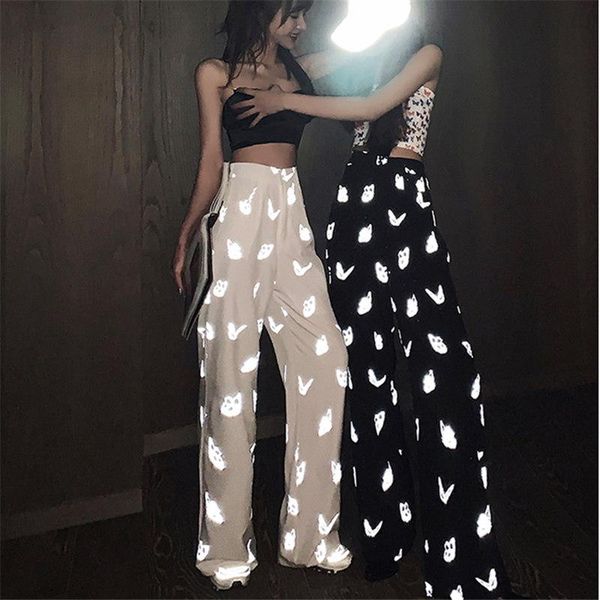 

women's pants & capris butterfly reflective women summer fashion wide leg high waist thin section plus size loose casual trousers t229, Black;white