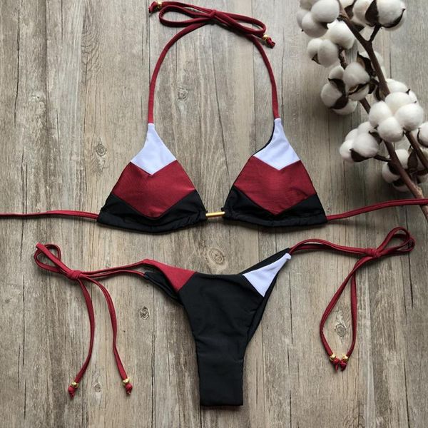 

women's swimwear fashion string bikini women patchwork swimsuit brazilian thong set halter female bathing bandage beachwear #t1q, White;black