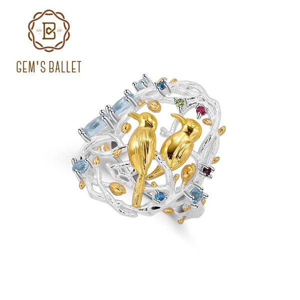 

cluster rings gem's ballet busy garden cocktail ring natural sky blue z 925 sterling silver women's statement handmade fine jewelr, Golden;silver