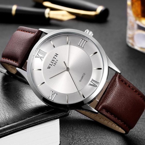 

wristwatches casual quartz watch fashion automatic men movement watches calendar waterproof glass italy cowhide band, Slivery;brown