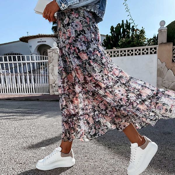 

skirts summer high waist long print skirt floral split 2021 women casual chiffon beach faldas female boho elastic holiday hg9o, Black