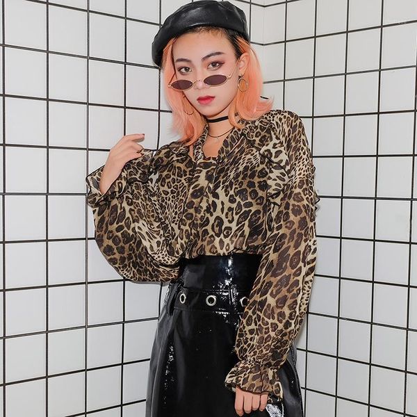 

women's blouses & shirts streetwear leopard chiffon blouse shirt transparent ruffle tie up women autumn fashion woman 2021 blusas, White