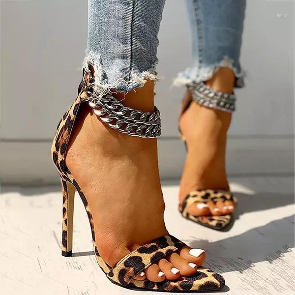 

dress shoes 2021 women sandals summer fashion brand thin high heels runway sandal woman party leopard print metal chain size 43, Black