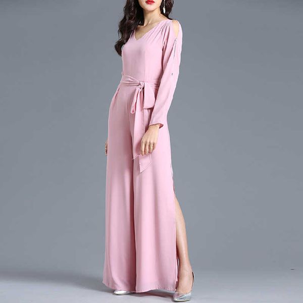 

pink jumpsuit for women summer party overalls side cut sashes chiffon high street elegant wide leg suit plus size 3xl 4xl 210625, Black;white
