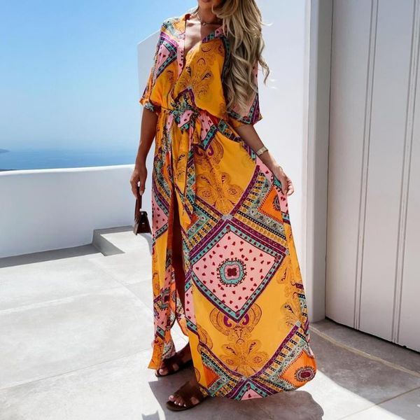 

casual dresses 2021 women boho dress fashion print v neck summer high split lace-up printed, party beachwear, Black;gray